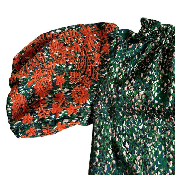 THML Say It All Green Floral Blouse Orange Embroidered Puff Sleeves Size XS - Picture 6 of 10